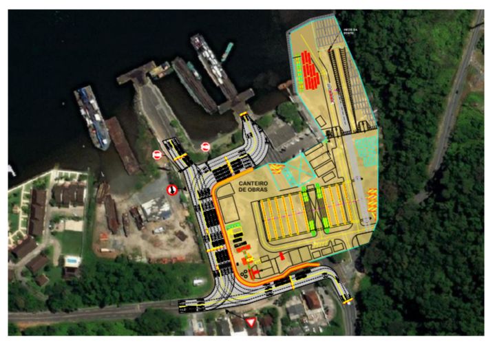 Vista aérea do novo desvio para acesso aos portos 1 e 2 em Guaratuba com a construção do Canteiro Industrial