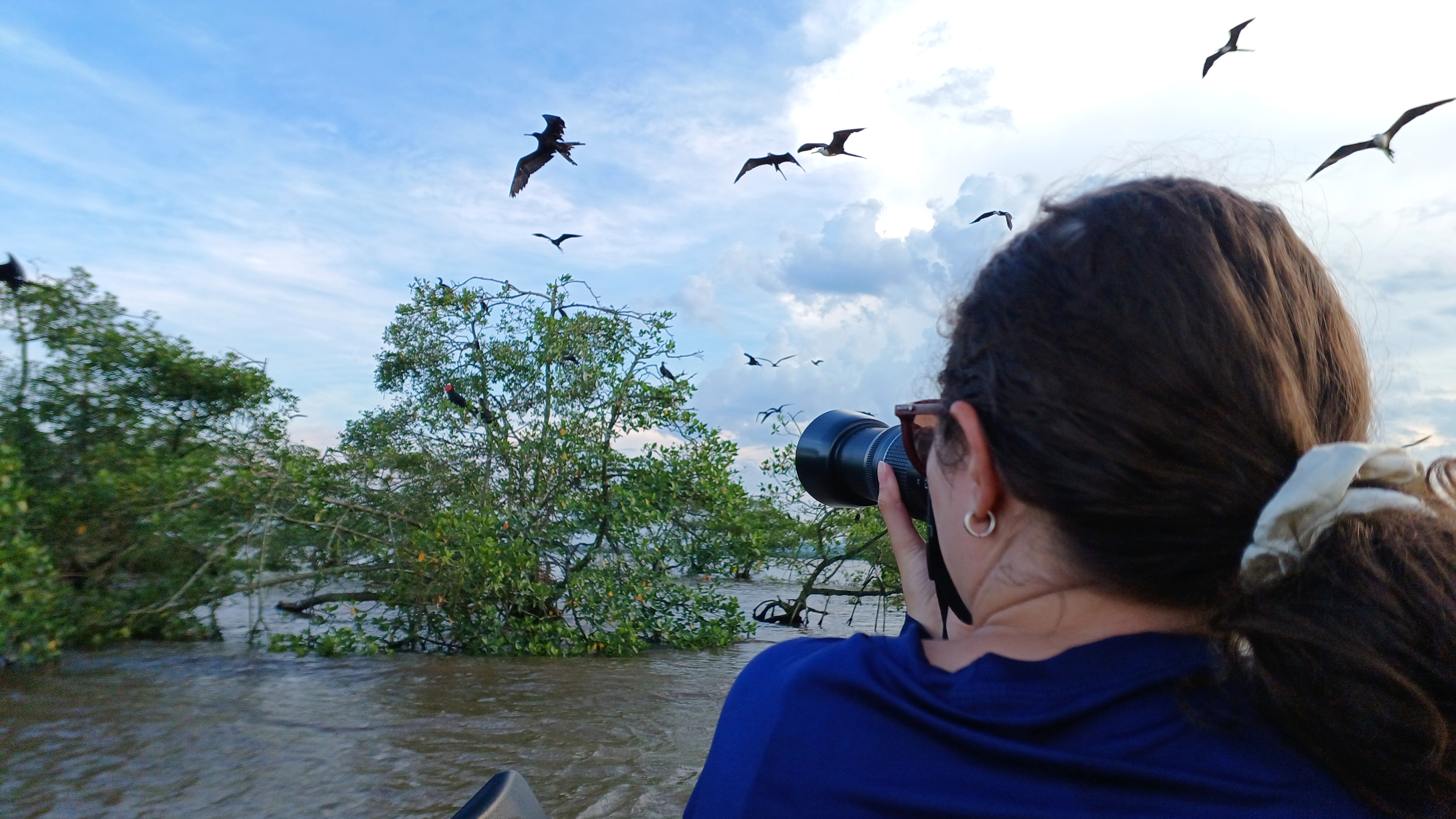 Pesquisadora realizando registro de fragatas (Fregata magnificiens) em censo embarcado