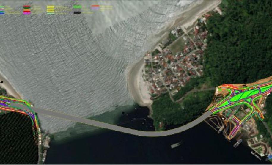 Vista aérea do projeto da Ponte de Guaratuba que inclui:obras complementares de interseções, acessos e obra de arte especial.