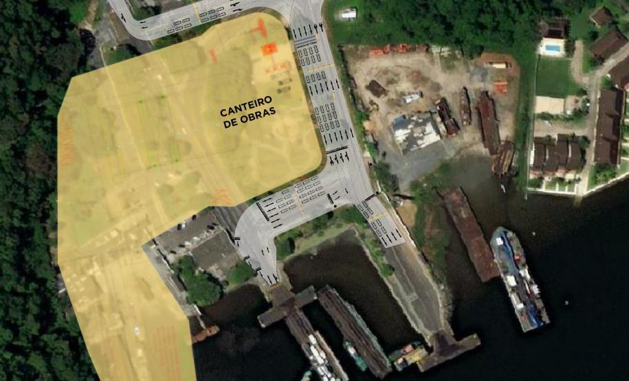 Imagem aérea do novo trajeto que contorna o Canteiro Industrial para a construção da Ponte de Guaratuba