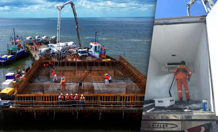 Foram utilizados até 100 kg de gelo por metros cúbicos no concreto das obras da Ponte de Guaratuba no período de novembro de 2024 a janeiro de 2025
