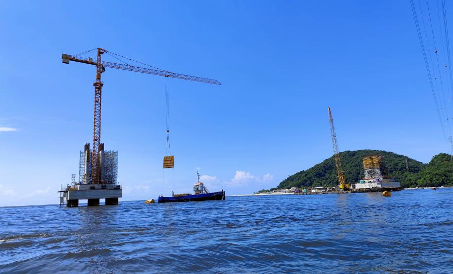 Obras da Ponte de Guaratuba chegam a 44,2% de execução com início de nova fase da estrutura estaiada